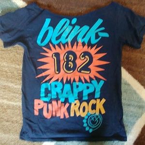 Blink 182 tee with 80s off the shoulder cut